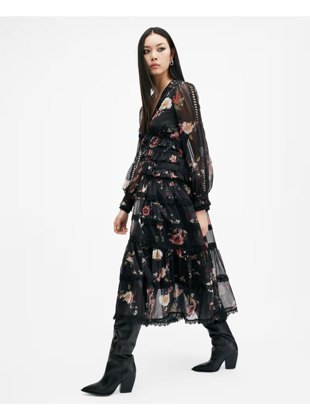Allsaints Zora Floral Ruffle Midi Dress